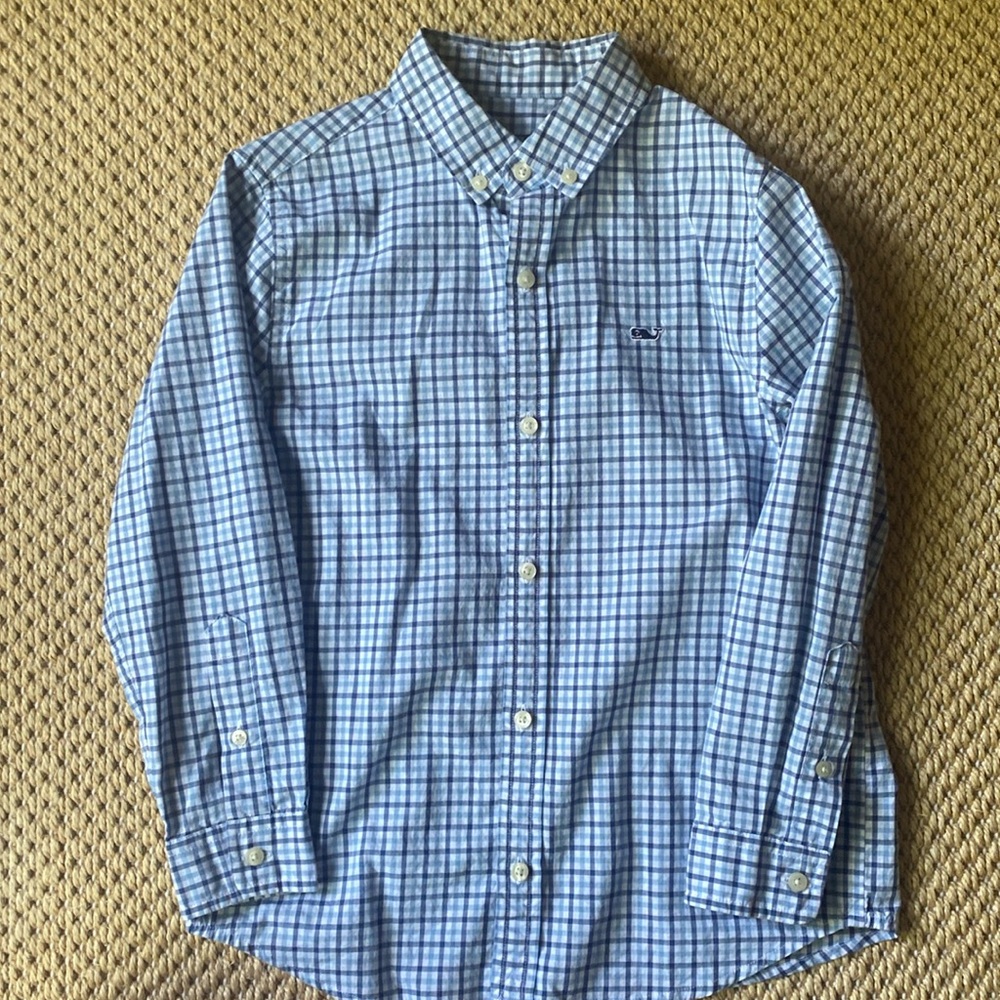 Vineyard Vines Boys button-down. Navy and light blue gingham. Size 7.